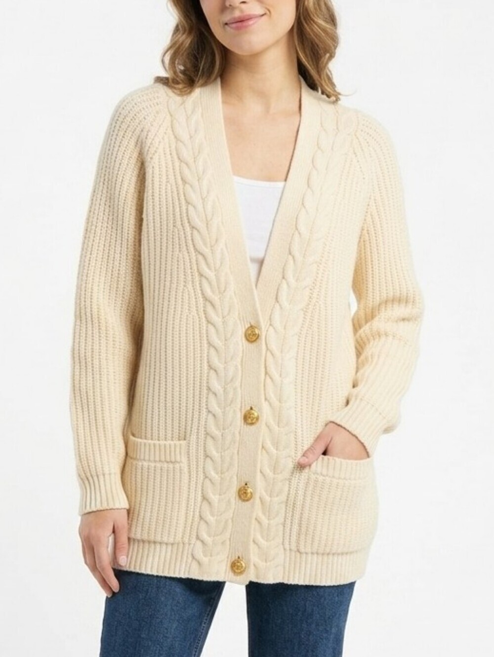 Vintage Liz Clairborne Petite Merino Wool Ribbed Cardigan gold buttons
